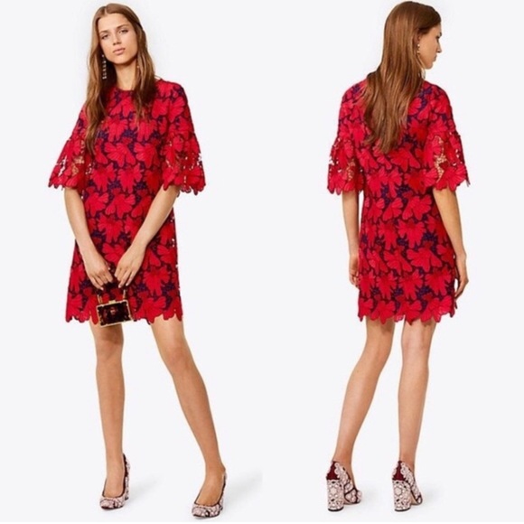 TORY BURCH •RARE• Nicola Guipure Lace Dress In Volcano Red & Navy Blue Size 6 - Picture 3 of 13